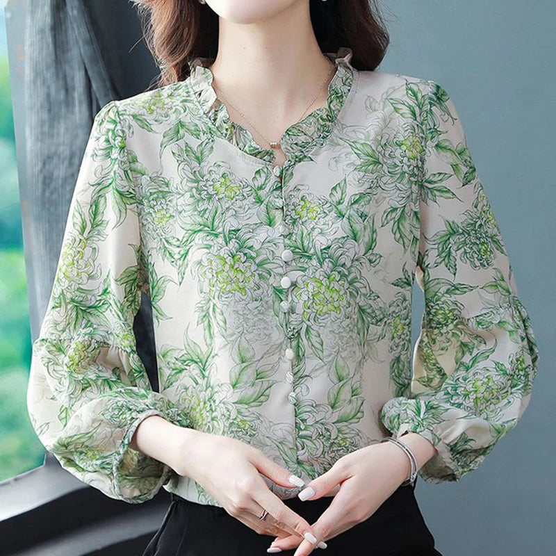 Elegant floral O-neck top with three-quarter sleeves—vintage-inspired, stylish, and perfect for summer.