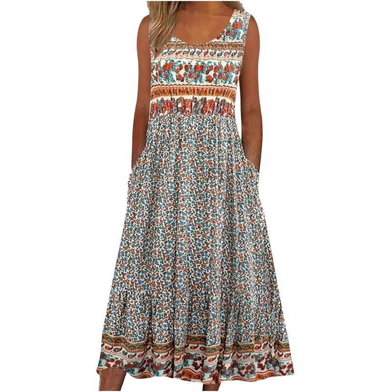 Vintage printed sleeveless maxi dress with pockets—casual, comfy, and perfect for summer style.