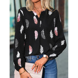 Elegant chiffon blouse with feather pattern—long sleeves and stylish design for a chic look.