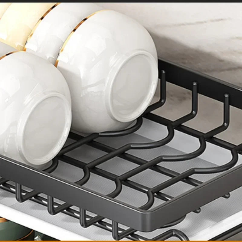 Wall-mounted no-hole kitchen dish rack—multifunctional storage for plates, chopsticks, knives, and cups."
