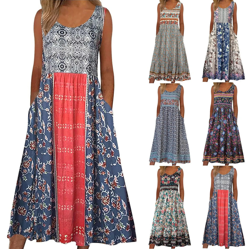 Vintage printed sleeveless maxi dress with pockets—casual, comfy, and perfect for summer style.