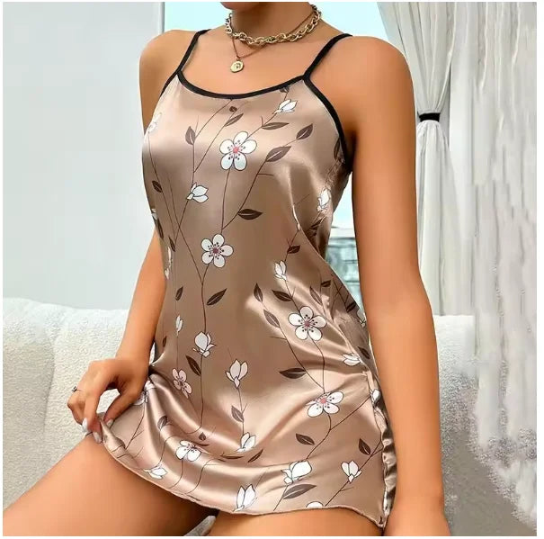 Women Nightwear Home Clothes Sexy Black Floral Printing Nightdress Sleepwear Nightshirts Silk Sleepshirts