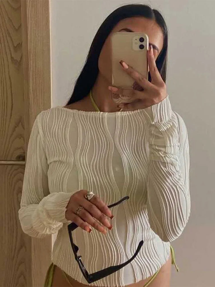 Y2K casual ruched long-sleeve cropped T-shirt—white, skinny fit, perfect for autumn layering