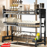 "Multifunctional stretchable kitchen shelf—above-sink draining rack for bowls, dishes, and utensils."