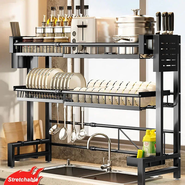 "Multifunctional stretchable kitchen shelf—above-sink draining rack for bowls, dishes, and utensils."