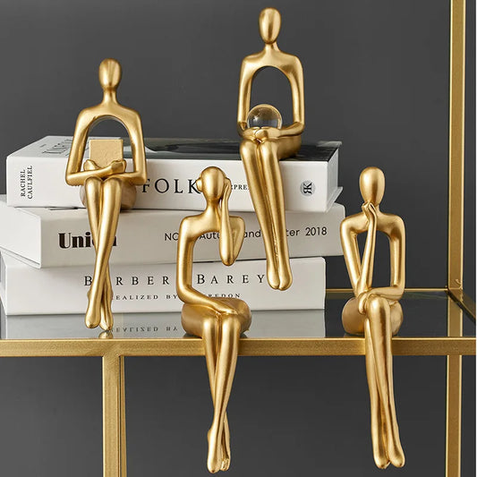 Gold Thinker Statue - Modern Living Room Bookshelf Sculpture, Shelf/Table Decor Figurine