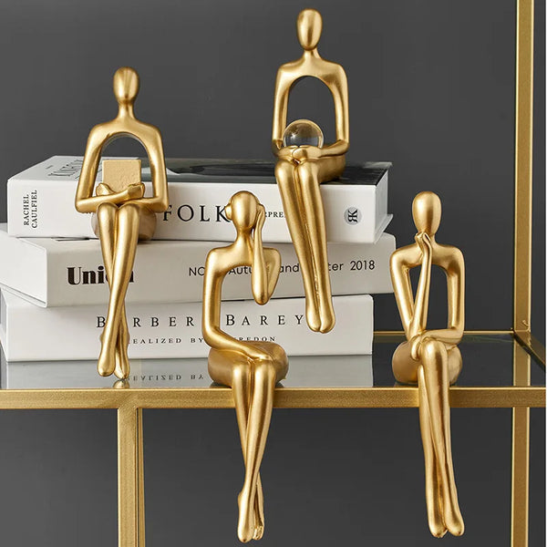 Gold Thinker Statue - Modern Living Room Bookshelf Sculpture, Shelf/Table Decor Figurine