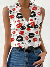 Women's Blouse White Shirts & Blouses Print Sleeveless Tops Loose V Neck Pulovers Summer Youthful Woman Clothes 2024 New