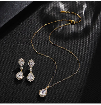 "Elegant zircon jewelry set with necklace and water drop earrings—perfect for brides and special occasions."
