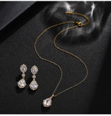 "Elegant zircon jewelry set with necklace and water drop earrings—perfect for brides and special occasions."