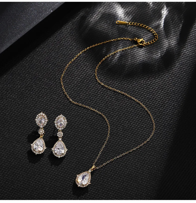 "Elegant zircon jewelry set with necklace and water drop earrings—perfect for brides and special occasions."