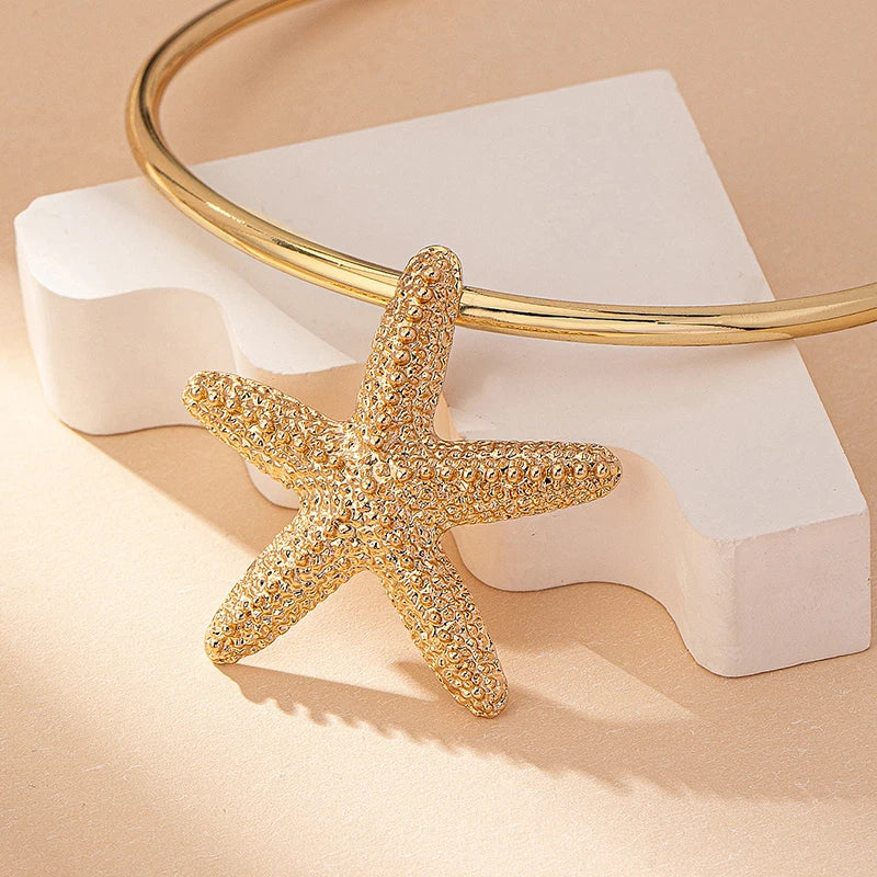 Modern Jewelry Accessories Gold Color Metal Statement Earrings and Adjustable Neck Choker Starfish Pendant Necklace for Women