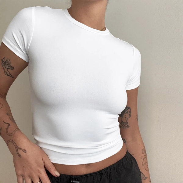 Women's Clothing Short Sleeve T-shirt Slim Fit Tops Female O-Neck Knitted Sheath Tee Shirt Street Wear