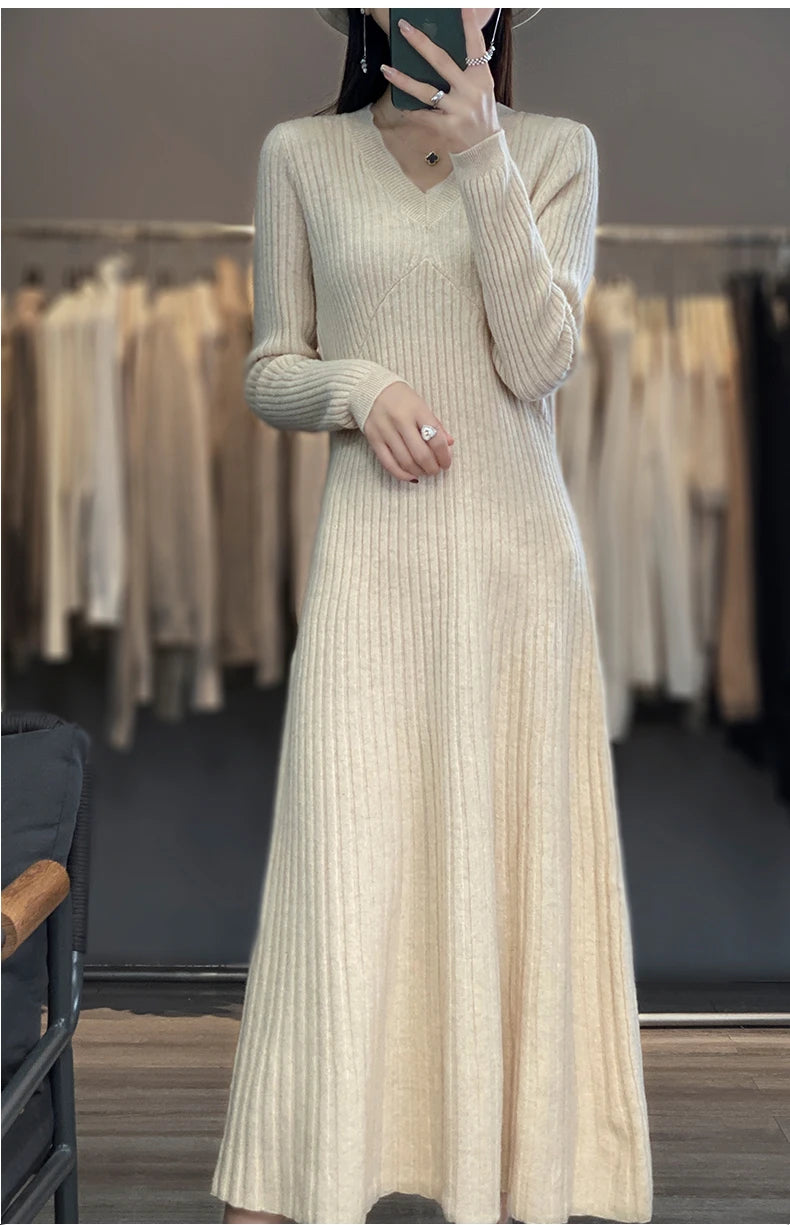 100% Merino wool cashmere dress—V-neck pullover style, warm and stylish for autumn and winter