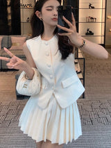 chic two-piece set—sleeveless tunic vest with high-waist pleated mini skirt, perfect for Korean summer