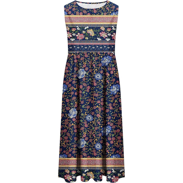 Vintage printed sleeveless maxi dress with pockets—casual, comfy, and perfect for summer style.