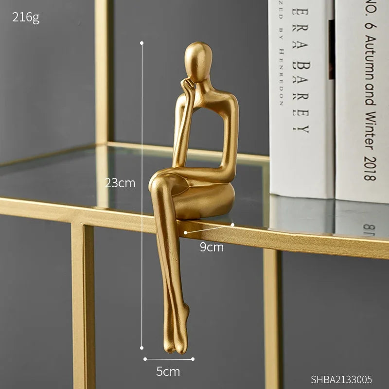 Gold Thinker Statue - Modern Living Room Bookshelf Sculpture, Shelf/Table Decor Figurine