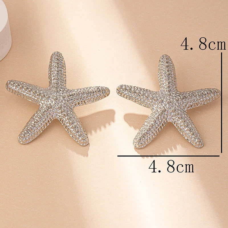 Modern Jewelry Accessories Gold Color Metal Statement Earrings and Adjustable Neck Choker Starfish Pendant Necklace for Women