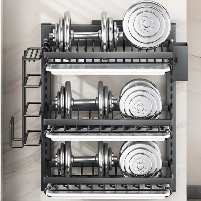 Wall-mounted no-hole kitchen dish rack—multifunctional storage for plates, chopsticks, knives, and cups."