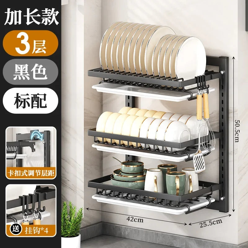 Wall-mounted no-hole kitchen dish rack—multifunctional storage for plates, chopsticks, knives, and cups."