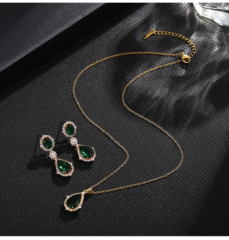 "Elegant zircon jewelry set with necklace and water drop earrings—perfect for brides and special occasions."