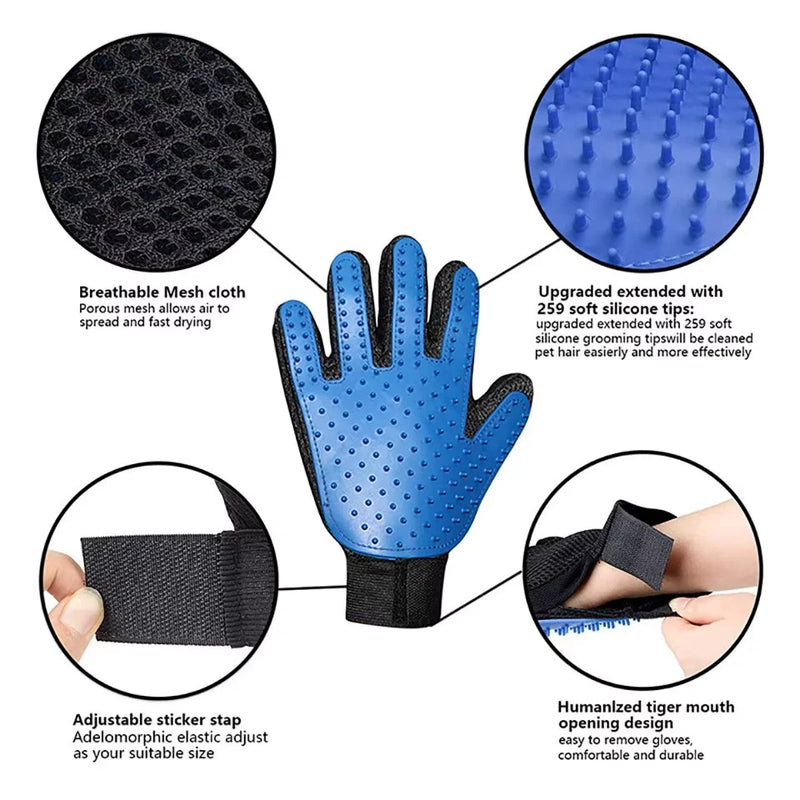 Pet grooming kit: 2-sided brush & glove for de-shedding and de-matting dogs, cats, rabbits.