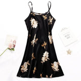 Women Nightwear Home Clothes Sexy Black Floral Printing Nightdress Sleepwear Nightshirts Silk Sleepshirts