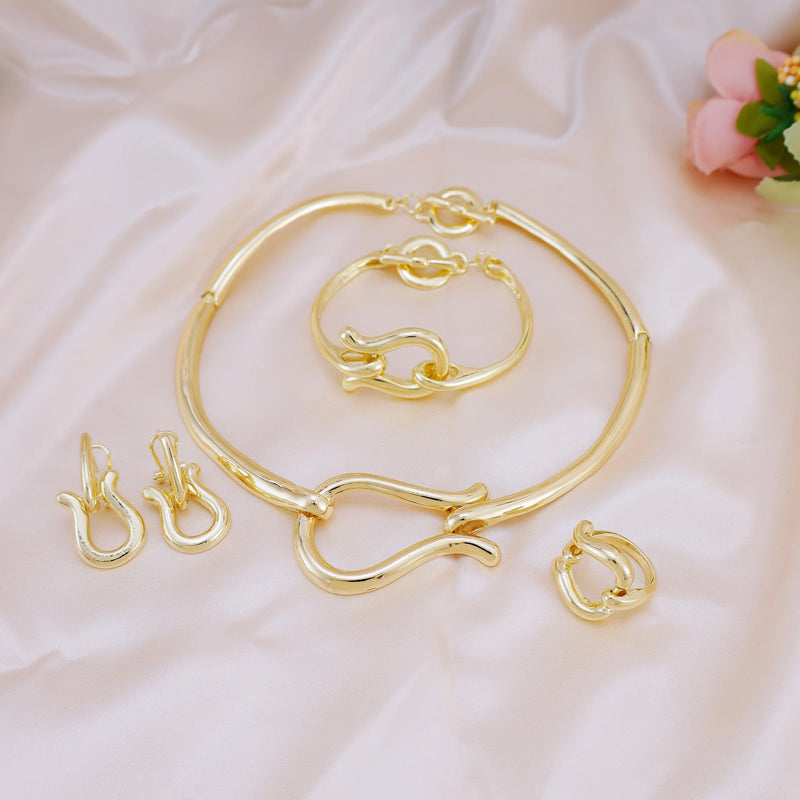 Fashion Jewelry Sets For Women Gold Color Choker Necklace Earrings Bracelets Ring Wedding Set Party