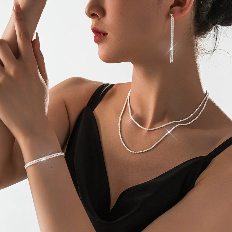 Set of Shiny Silver Plated Collarbone Chain Necklace Bracelet Jewelry, Women's Minimalist Starry Sky Accessories