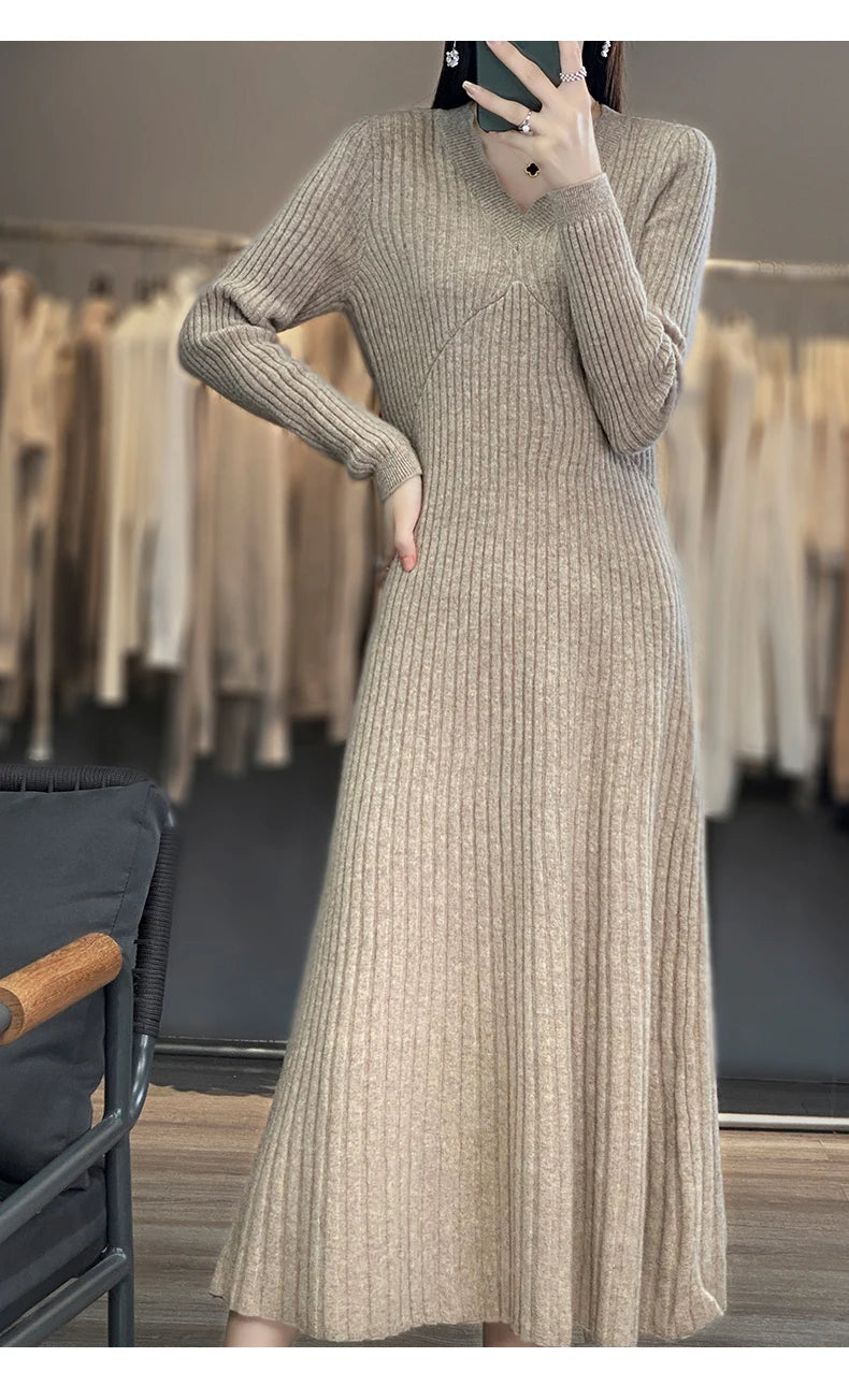 100% Merino wool cashmere dress—V-neck pullover style, warm and stylish for autumn and winter