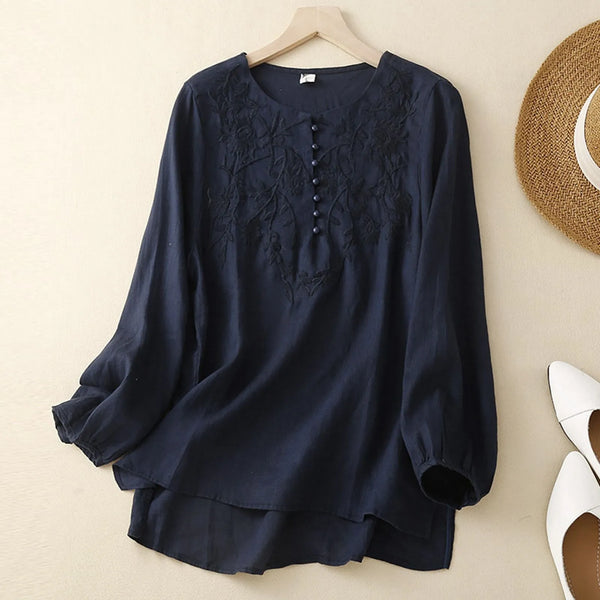2025 vintage embroidered jacquard top—long-sleeve, loose-fit cotton-linen blend for effortless elegance.