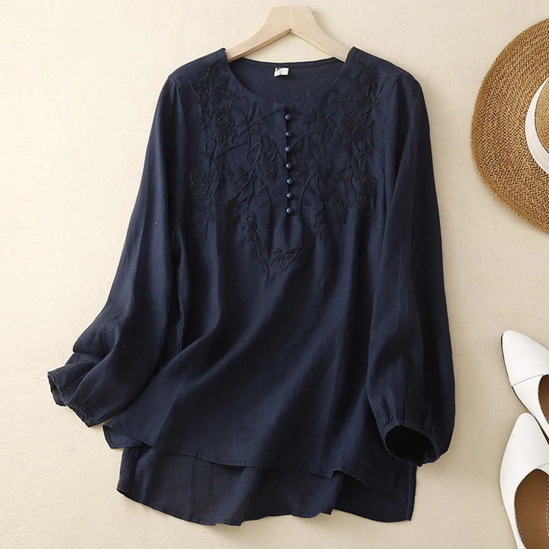 2025 vintage embroidered jacquard top—long-sleeve, loose-fit cotton-linen blend for effortless elegance.