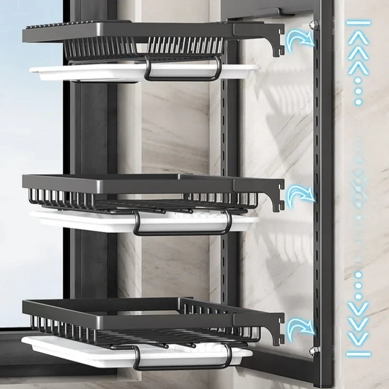 Wall-mounted no-hole kitchen dish rack—multifunctional storage for plates, chopsticks, knives, and cups."