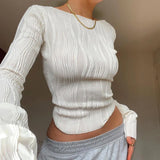 Y2K casual ruched long-sleeve cropped T-shirt—white, skinny fit, perfect for autumn layering