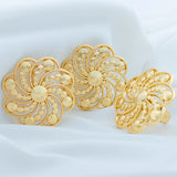 Dubai Jewelry Sets for Women, Flower Earrings and Adjustable Rings Italian Wedding Gifts 18K Gold Color