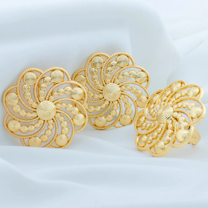 Dubai Jewelry Sets for Women, Flower Earrings and Adjustable Rings Italian Wedding Gifts 18K Gold Color