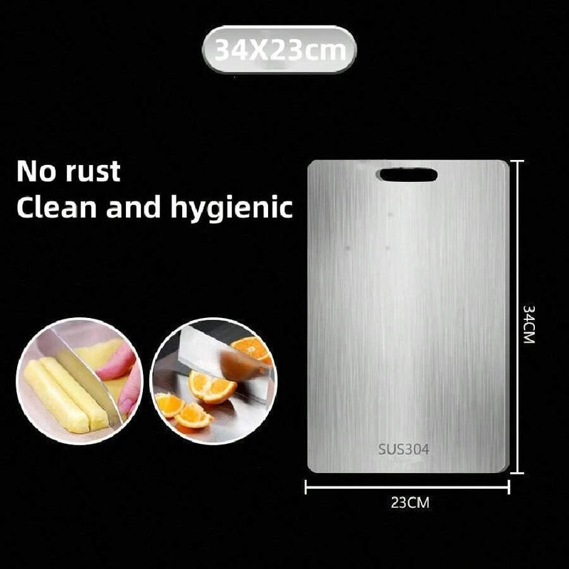 "1pc titanium alloy double-sided stainless steel chopping board—durable and perfect for kitchen and dining.