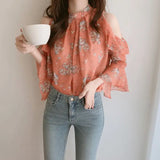 Elegant off-shoulder chiffon blouse—long sleeves and stylish design for a feminine, modern look.