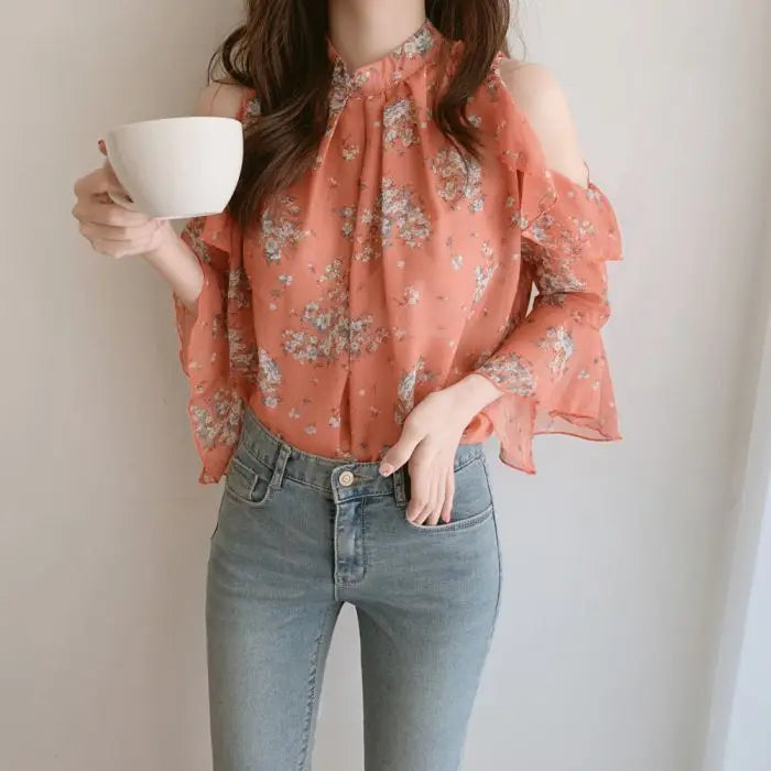 Elegant off-shoulder chiffon blouse—long sleeves and stylish design for a feminine, modern look.