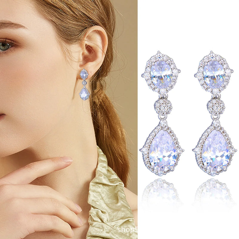 "Elegant zircon jewelry set with necklace and water drop earrings—perfect for brides and special occasions."