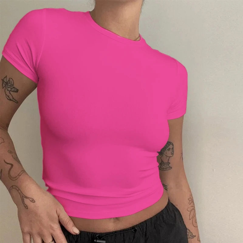 Women's Clothing Short Sleeve T-shirt Slim Fit Tops Female O-Neck Knitted Sheath Tee Shirt Street Wear