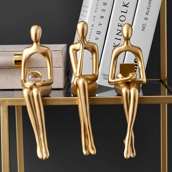 Gold Thinker Statue - Modern Living Room Bookshelf Sculpture, Shelf/Table Decor Figurine