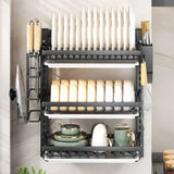 Wall-mounted no-hole kitchen dish rack—multifunctional storage for plates, chopsticks, knives, and cups."