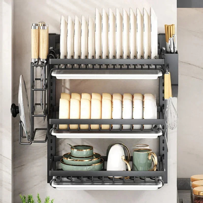 Wall-mounted no-hole kitchen dish rack—multifunctional storage for plates, chopsticks, knives, and cups."