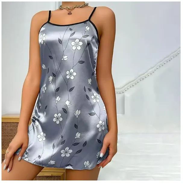 Women Nightwear Home Clothes Sexy Black Floral Printing Nightdress Sleepwear Nightshirts Silk Sleepshirts