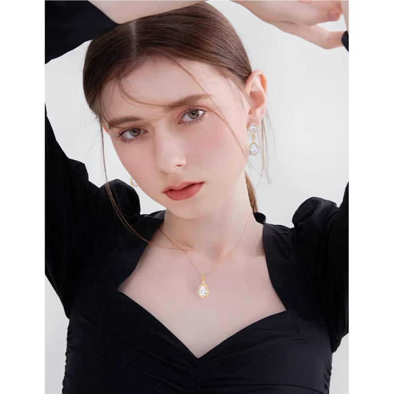 "Elegant zircon jewelry set with necklace and water drop earrings—perfect for brides and special occasions."