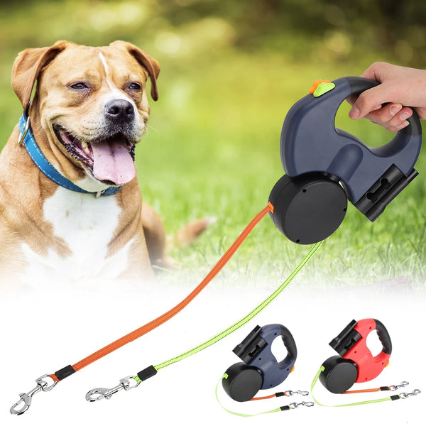Extendable Pet Leash - Dual-Head Walking Lead with LED Light for Dogs & Cats, Automatic Traction Control