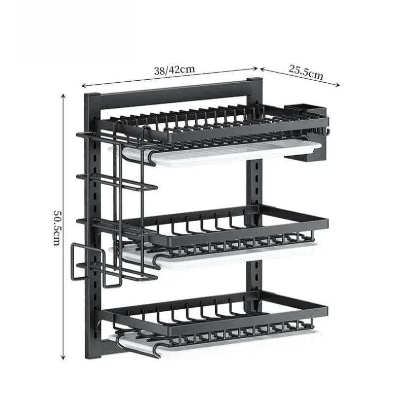 Wall-mounted no-hole kitchen dish rack—multifunctional storage for plates, chopsticks, knives, and cups."