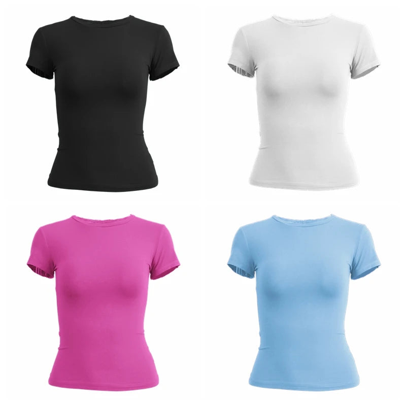 Women's Clothing Short Sleeve T-shirt Slim Fit Tops Female O-Neck Knitted Sheath Tee Shirt Street Wear