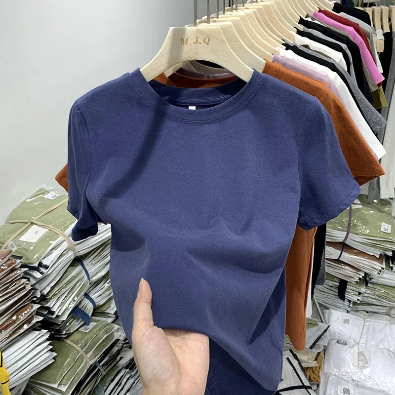 White cotton Y2K-style T-shirt for women—short sleeves, comfy fit, and perfect for spring